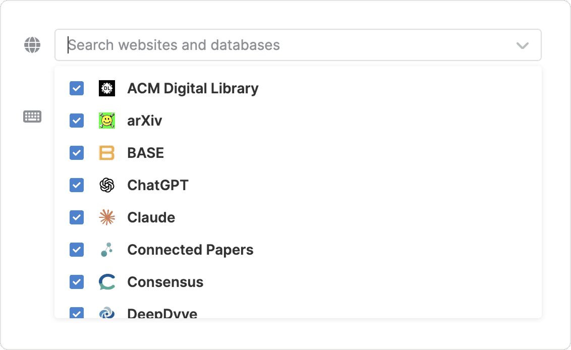 The “Search websites and databases” selector expanded, showing ticked integrations for ACM Digital Library, arXiv, BASE, ChatGPT, Claude, Connected Papers, Consensus and DeepDyve, each with its logo.